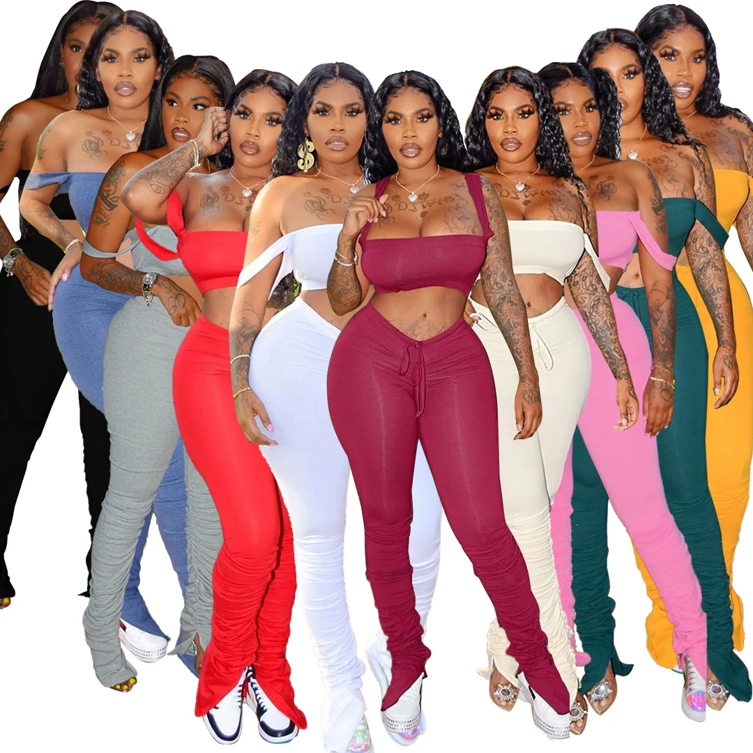 

Spaghetti Strap Off Shoulder Tube Crop Top Skinny Pants Set Split Leggings Stacked 2 Piece Sets Club Party Outfit, Candy color