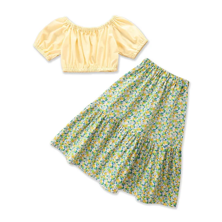 

High Quality Custom Set Toddler Girl Clothes 2pcs Floral Printed One Shoulder Top+Dress Children's Summer Short-sleeved Suit, Yellow,white