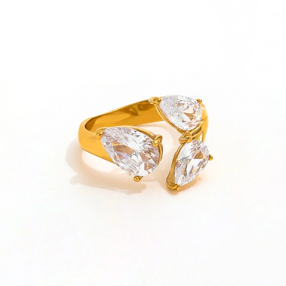 High End 18K Plain Gold Three Water Drop Zirconia Open Lines Ring Stainless Steel Trendy Simple Gold Plated Jewelry