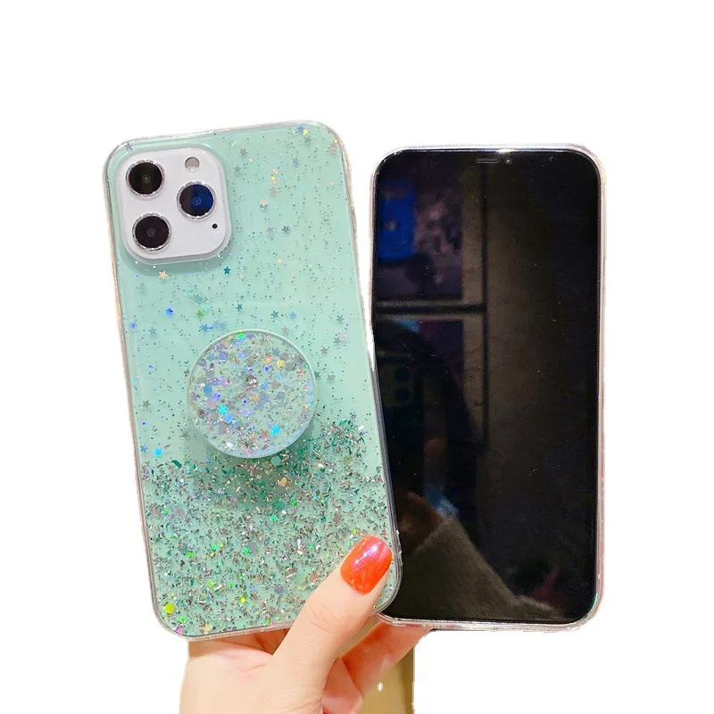 

Bling Glitter Soft Clear Case For Reno 5 6 7 Pro Realme 8i C21Y C20 A93 A94 A55 Stand Holder Socket Soft TPU Back Cover Case, 5 colors