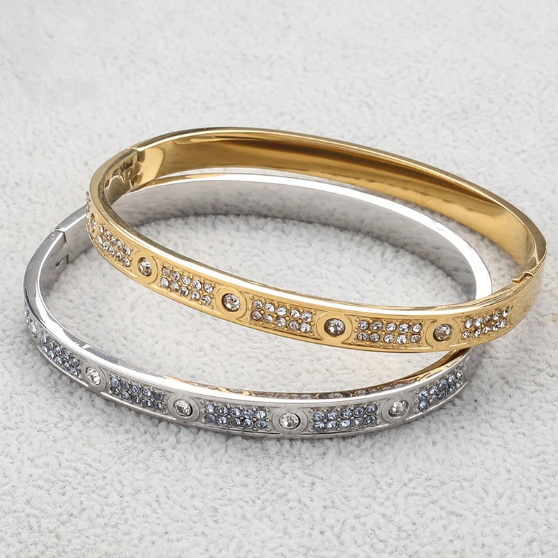 Stainless Steel Jewelry 18K Gold Plated Full Diamond Bangle Bracelets Unisex Luxury Double Row Crystal Geometric Bracelet