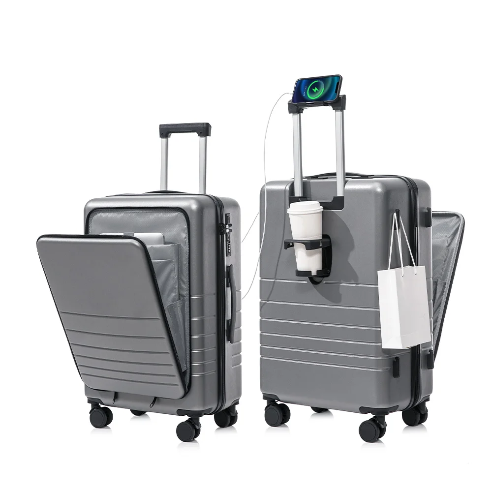 

Front Open Luggage Laptop Pocket Business Hardside Suitcase Trolley 4 Spinners Multifunctional Travel Luggage Set