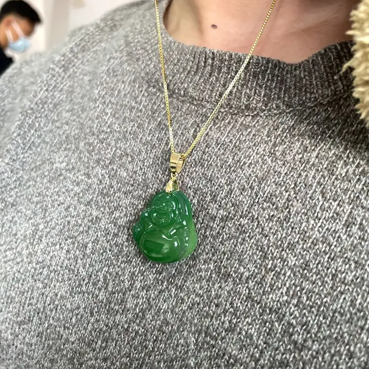 

Natural Green White Carnelian Jade Laughing Buddhas Agate Buddha Charm Jade Pendant Jewelry Necklace Pendant