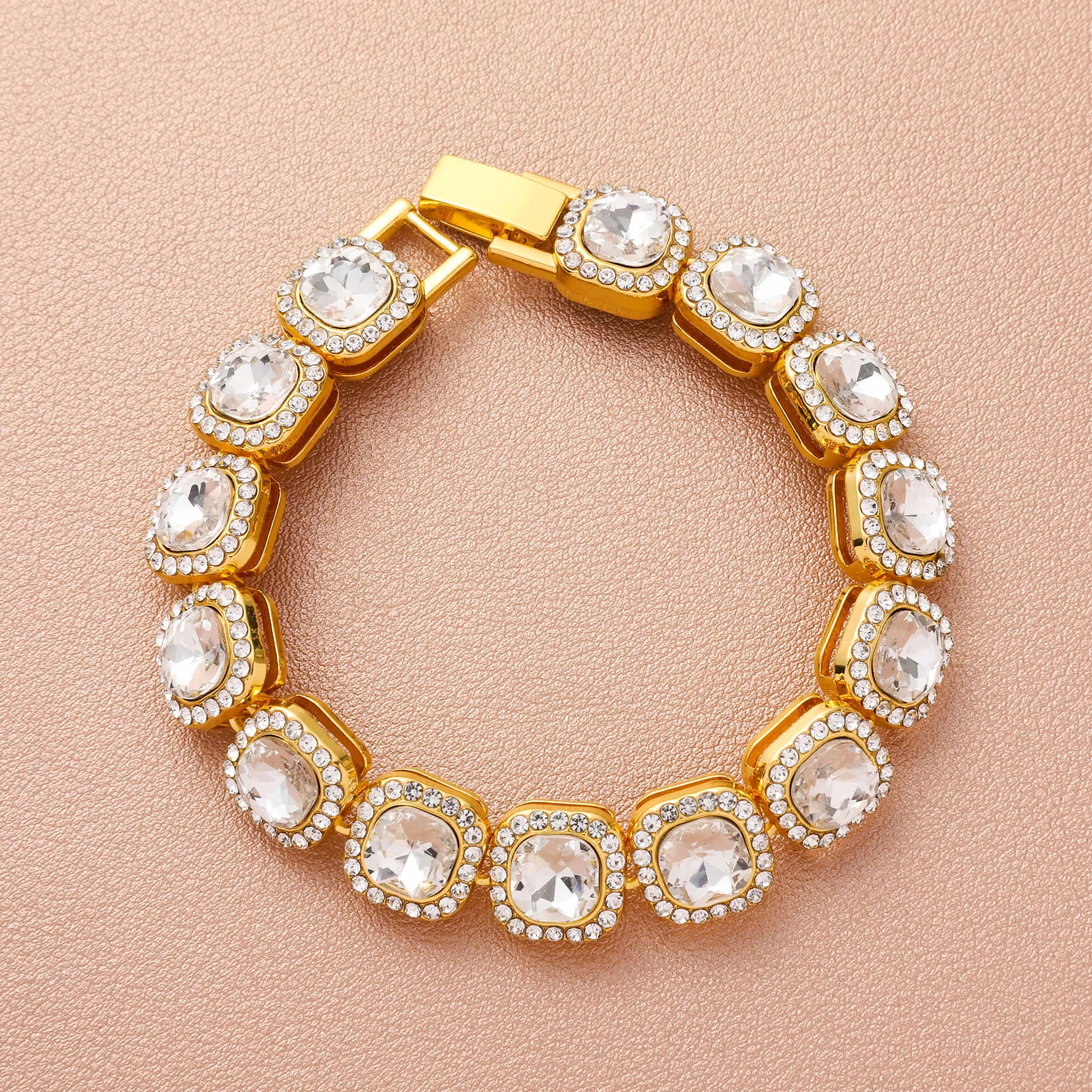 

Hot Sale Cuban Hip Hop Square Full Diamond Bracelet Hip Hop Diamond Luxury Bracelet For Man And Women, Golden