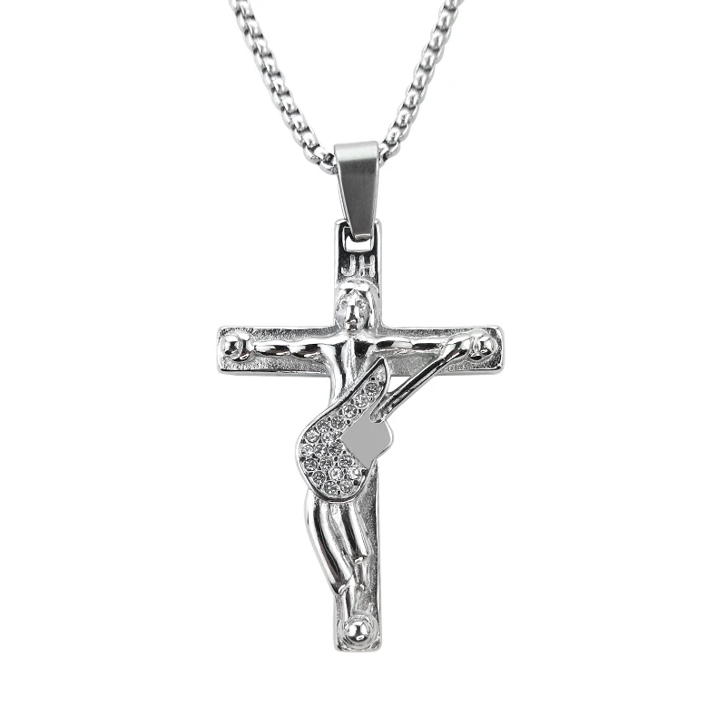 

Guitar Shaped John Holiday Chain Jewelry Cross Necklace Stainless Steel, Silver
