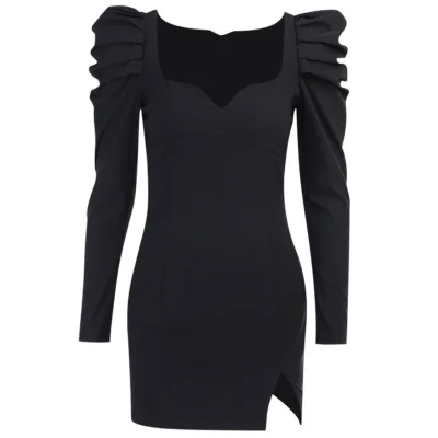 

B53902A Fall new design lady sexy v neck fashion puff sleeve slit dress, Black