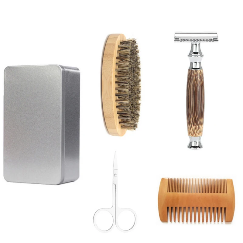 

Professional Soft Boar Bristle Wood Beard Brush Barber Shaving Tool Men Mustache Comb Kit with Gift Box Beard Hair Comb Set, Natural