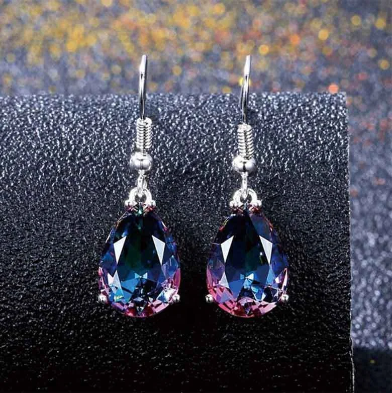 

New Trendy Vintage Bohemia Colorful Stone Drop Pear Drop Earrings Silver Rainbow Dangle Earrings Jewelry Accessories Gifts