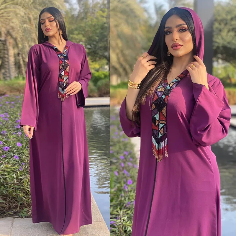 

Dubai Arabic Muslim Abaya Dress for Women Fall INS Hot Sale Moroccan Kaftan Hooded Robe Turkish Islamic Jalabiya, As picture