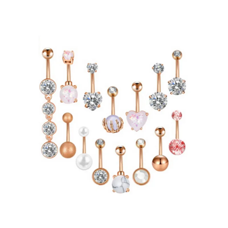 

BBR110 High Quality Jewelry Surgical Steel Heart Belly Rings 14pcs Pink Opal Turquoise Puncture Zircon Belly Button Rings, Silver, gold,rose gold,pink