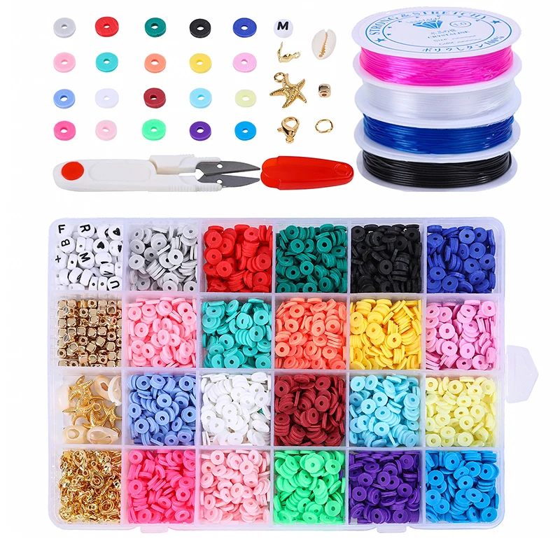 

DIY Craft kit 6mm Flat Round Polymer Clay Beads with Alphabet letters for Jewelry Making Bracelets Necklace Earring set, 15 boxes,15 grids with scissors elastic line, 24 boxes,