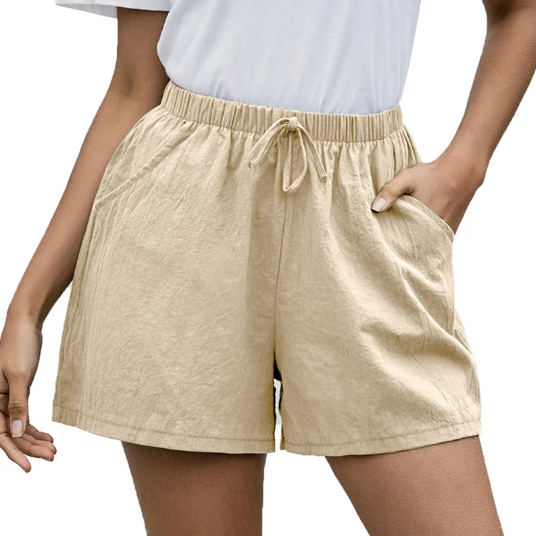 

Linen A-line Shorts Women's Casual Pants Loose Wide-leg Short Pants Mid Waist Polyester with Sashes Others Style Solid Pattern