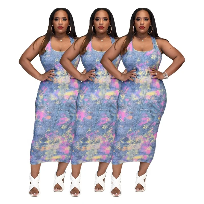 

Amazon Hot Sale Ladies Denim Print Tie Dye Women Midi Summer Causal Dress 2021