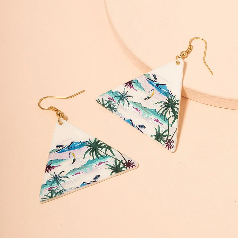 

Ins Best Selling Real Gold Plated Triangle Drop Earrings Vintage Ocean Painting Triangle Acrylic Earrings For Girls