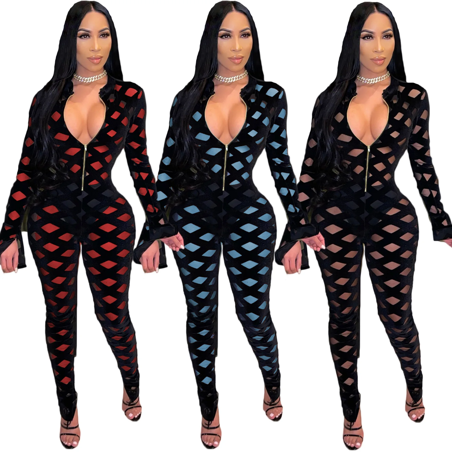 

2021 Summer hot sale mesh sling jumpsuit women trendy sexy one piece jumpsuit women bodysuit, Solid
