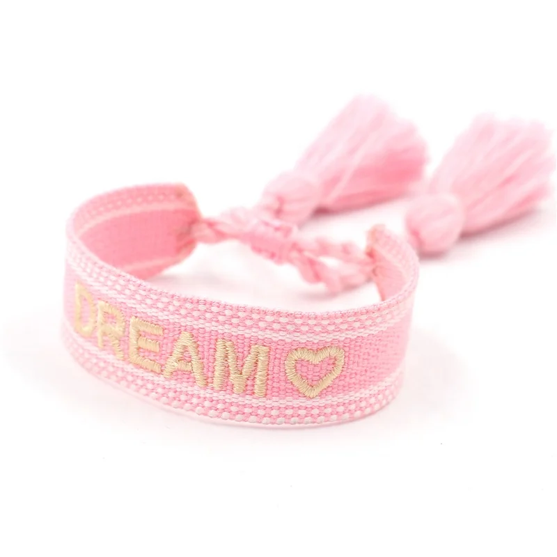 

Hot-selling Embroidery LOGO DREAM Webbing Wristbands Men and Women Personality Color Tassel Friendship Bracelet Concert Jewelry, Cream, light pink, khaki, light blue,pink, green,coffee