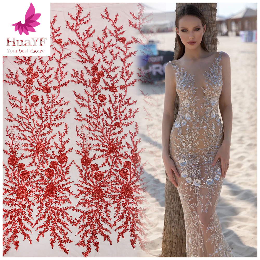 

Luxury hot sale french red beaded sequins lace floral embroidery wedding bridal lace dress fabric HY1397-1, As picture