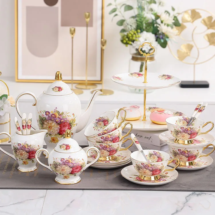 Wholesale British 21-Piece Bone China Coffee & Tea Set Luxury White Floral Design High Quality Afternoon Tea Set with Gift Box