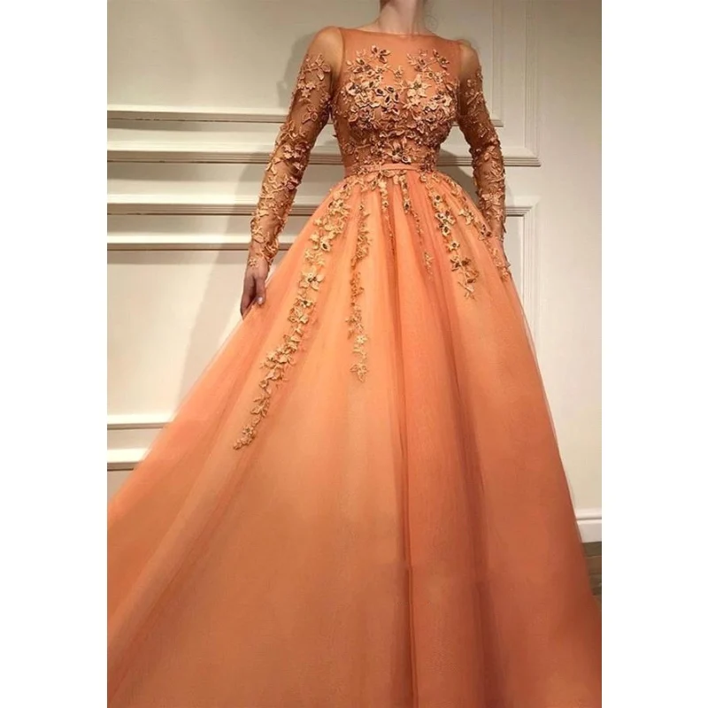 

Full Sleeves Formal Evening Dress With Lace Appliques Tulle Long Prom Gowns Celebrity Party Prom Wear, Custom made