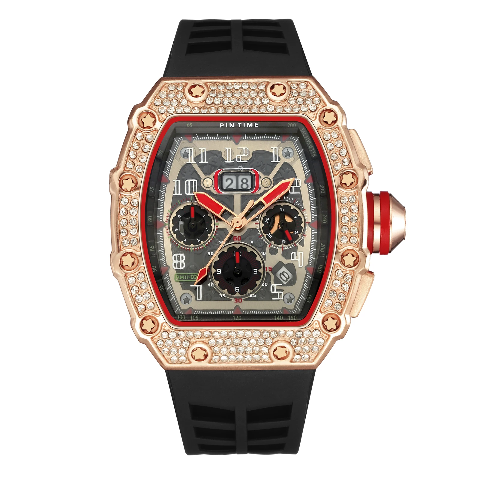 

Men Luxury Watches Richard Style Diamond Iced Out Watch All Dial Work Chronograph Sport Wristwatch Quartz Movement, Silver ,,rose gold