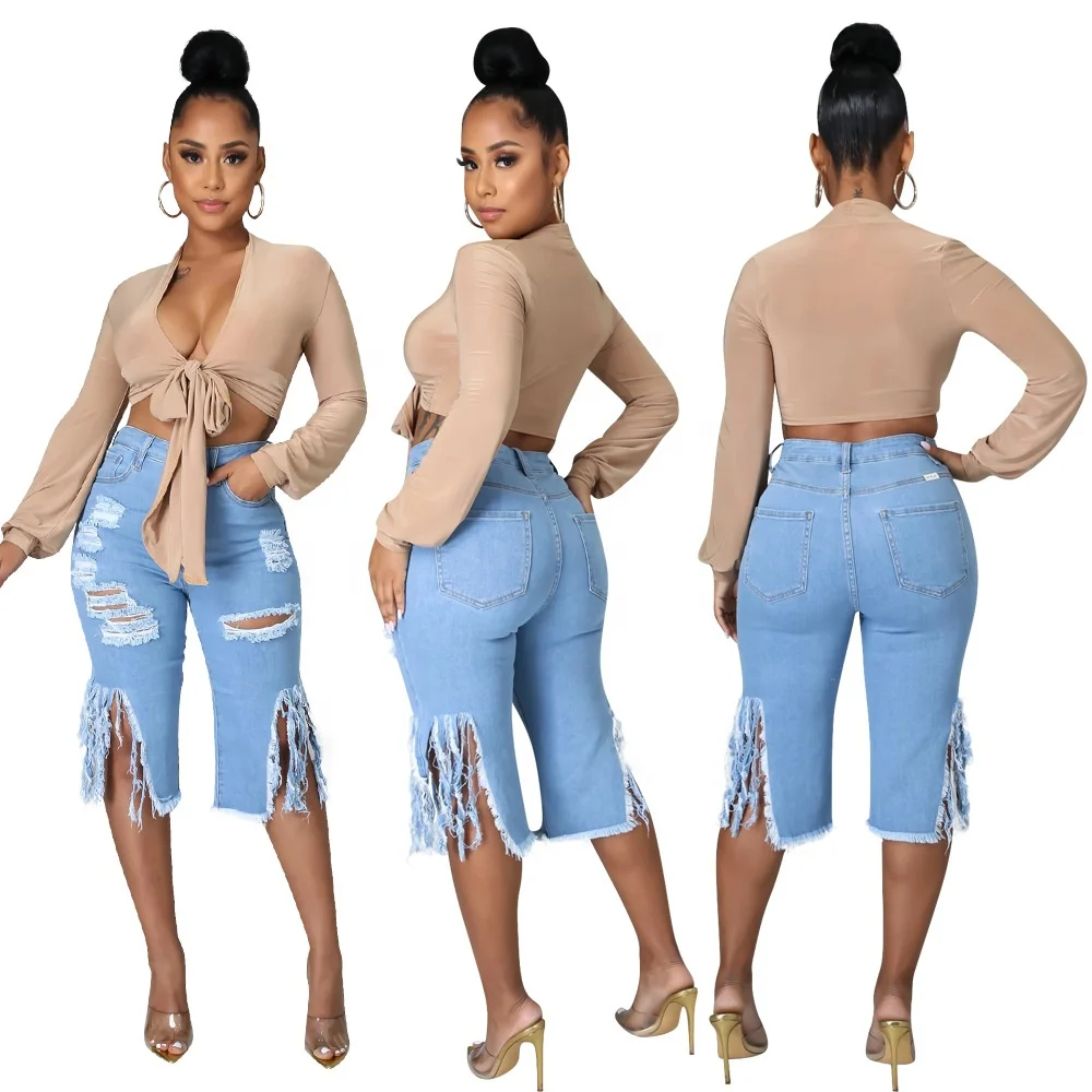 

2021 new fashion summer casual tassel ripped elastic cropped jeans shorts women jeans Jeans Custom Two Color Printed Ripped