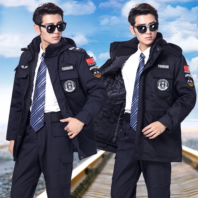 Winter Jacket Security Guard coat thick clothes military police tactical uniforms airport security uniform black guard uniform
