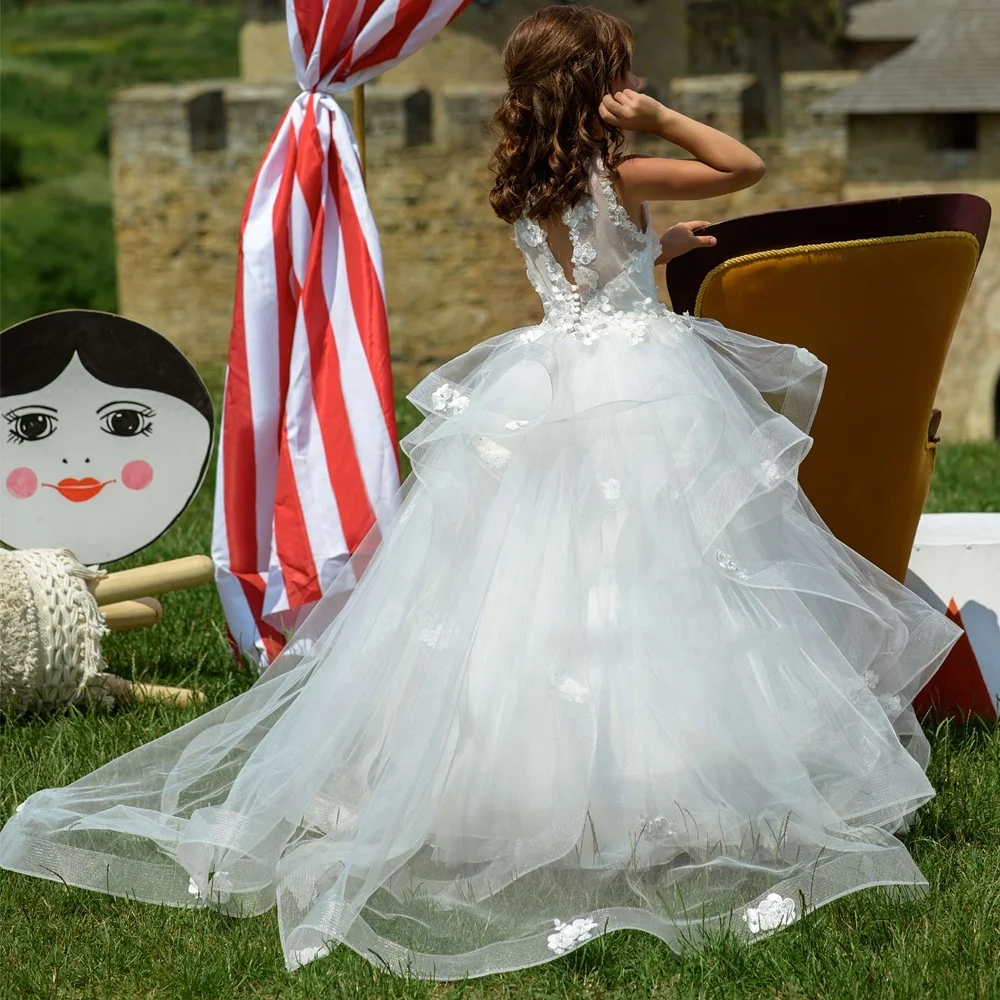 

OEM elegant 3D flower kids pageant evening gowns white first holy communion dress ball gown flower girl dresses for wedding
