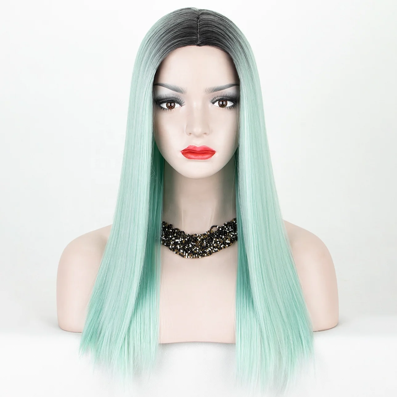 

Aliblisswig Natural Looking Dark Root Ombre Pastel Mint Green Straight Middle Part Heat OK Fiber Hair None Lace Synthetic Wigs