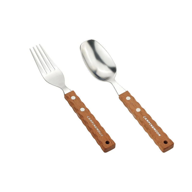 Campingmoon Outdoor Camping Accessories Tableware Set  Picnic Wooden Handle  Stainless Steel Forks and Spoon Set
