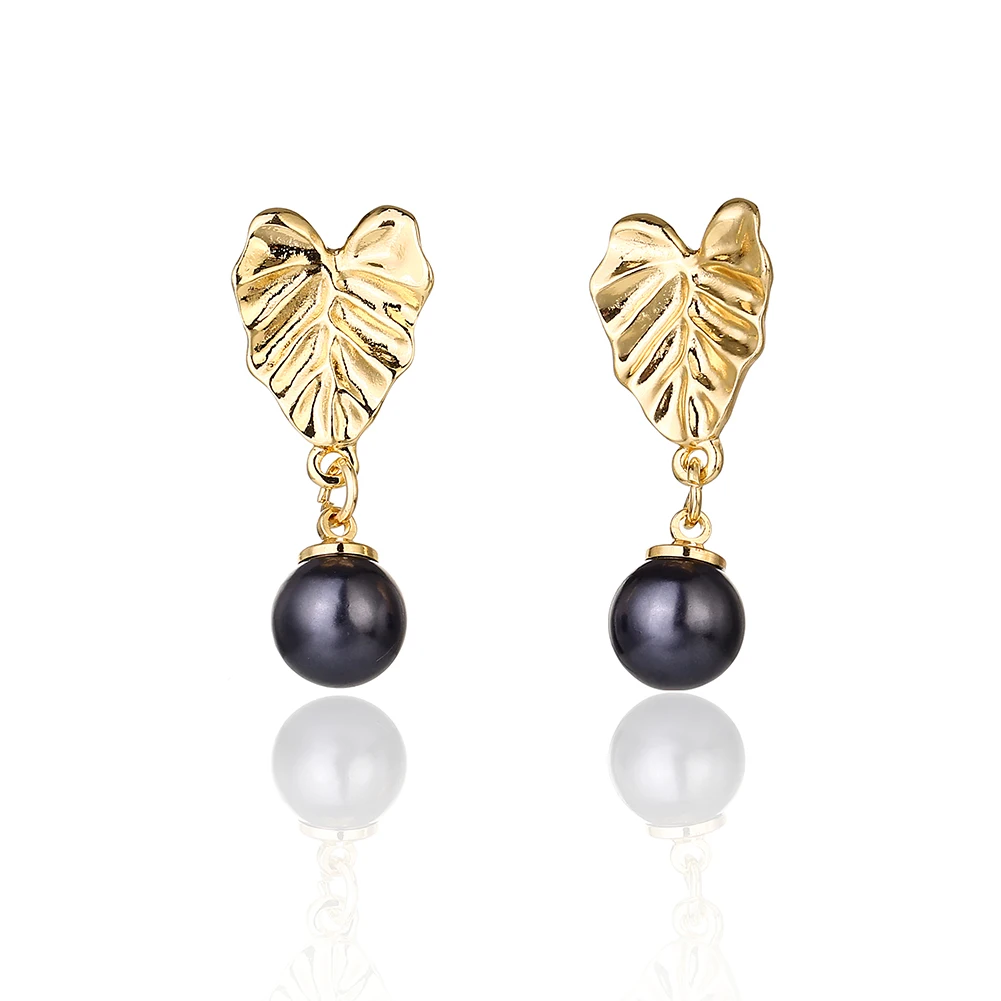 

SophiaXuan Vintage Jewelry Hawaiian Leaf Shape Black Pearl Gold Stud Earrings For Women, Customized color