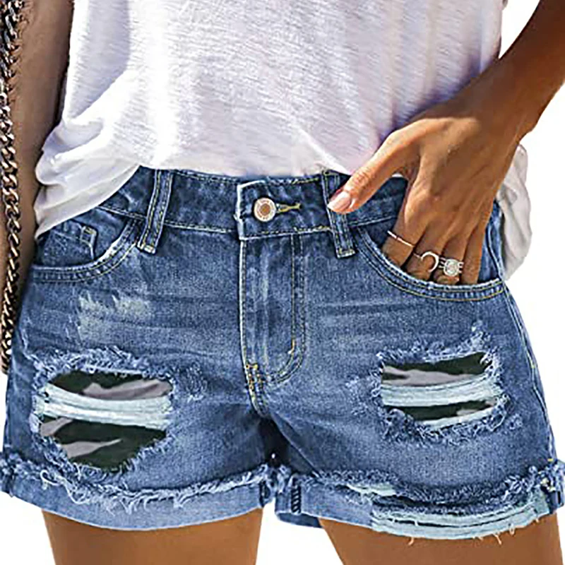 

Camofulage Print Ripped Patched Rolled Edge Denim Shorts