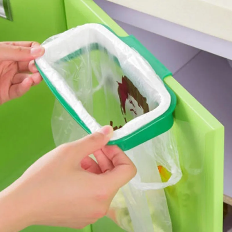

Trash Garbage Bag Rack Attach Holder Over Cabinet Cupboard Door Kitchen Bathroom A Storage Bucket Accessories, Green