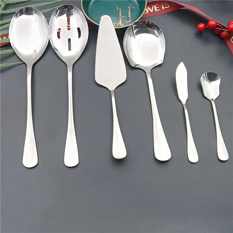 

2022 amazon hot selling 7pcs stainless steel slotted spoon cake server shovel butter knife ladles scoop long spoon set, Sliver