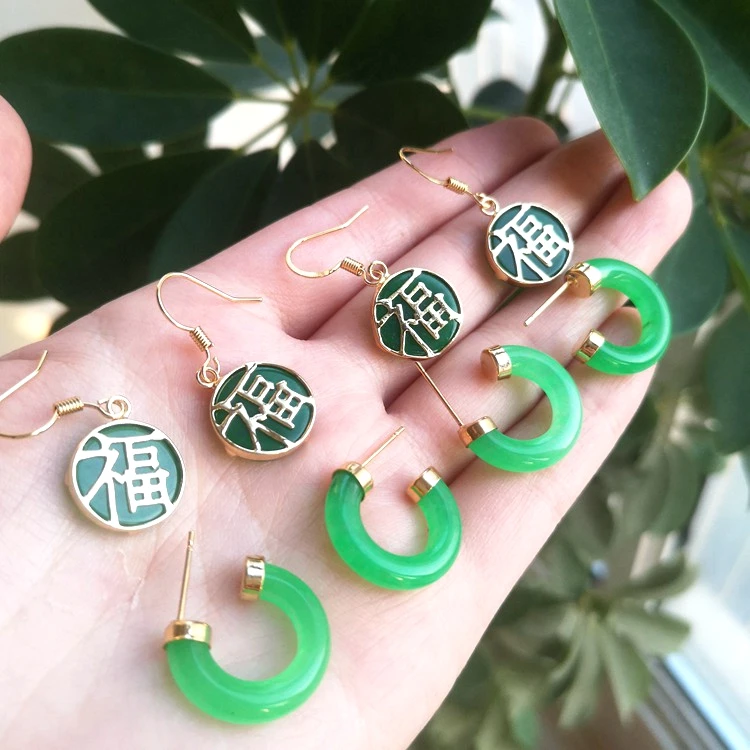 

jialin jewelry 2021 ins wholesale green real stone jewelry agate stone stud earrings jade hoop earrings