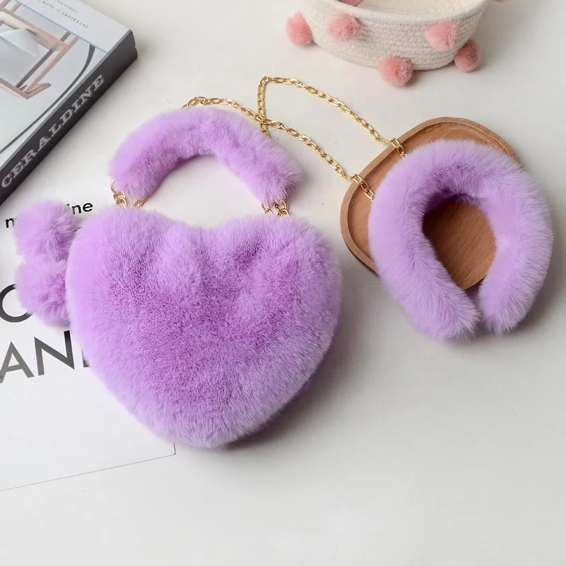 

cheapest ladies Faux fur heart shape bag and headband set high quality girls fashion solid fur headband and purse Shoulder Bag, 69 colors