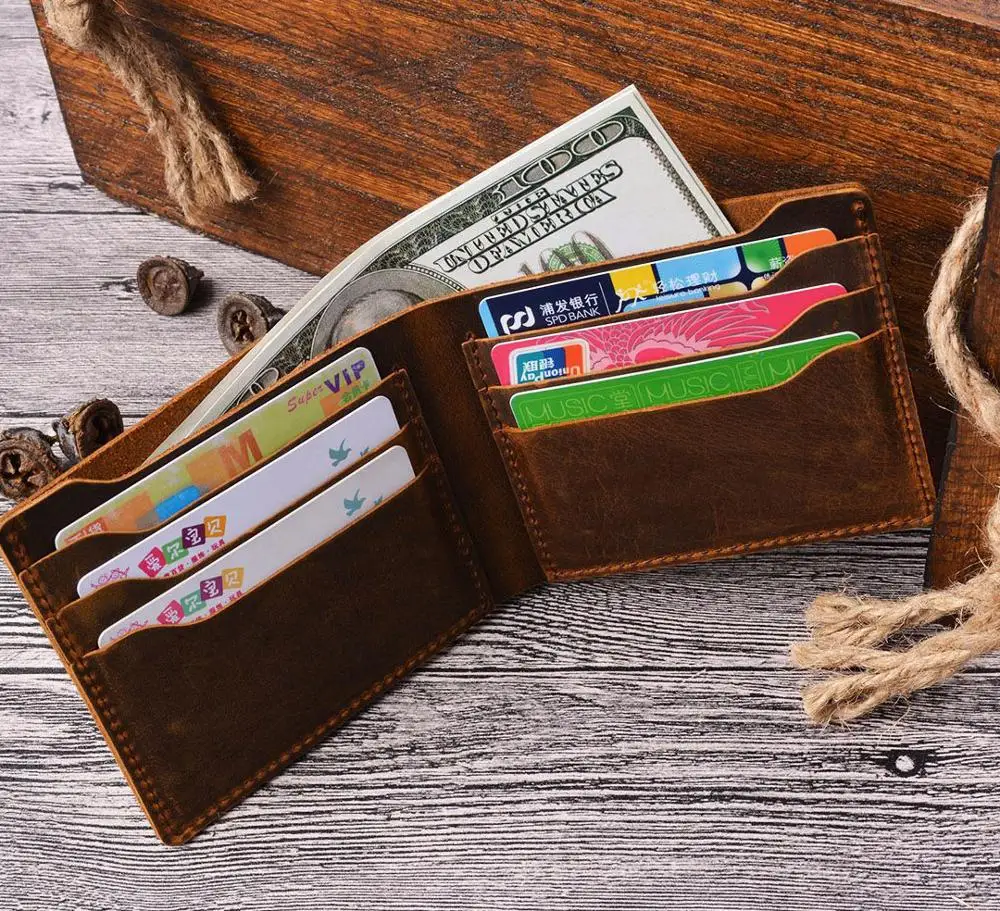 

Handmade Genuine Leather Wallet For Men Minimalist Card Holder Vintage Crazy Horse Money Clip Short Wallet, Black,brown,coffee,blue,green,red