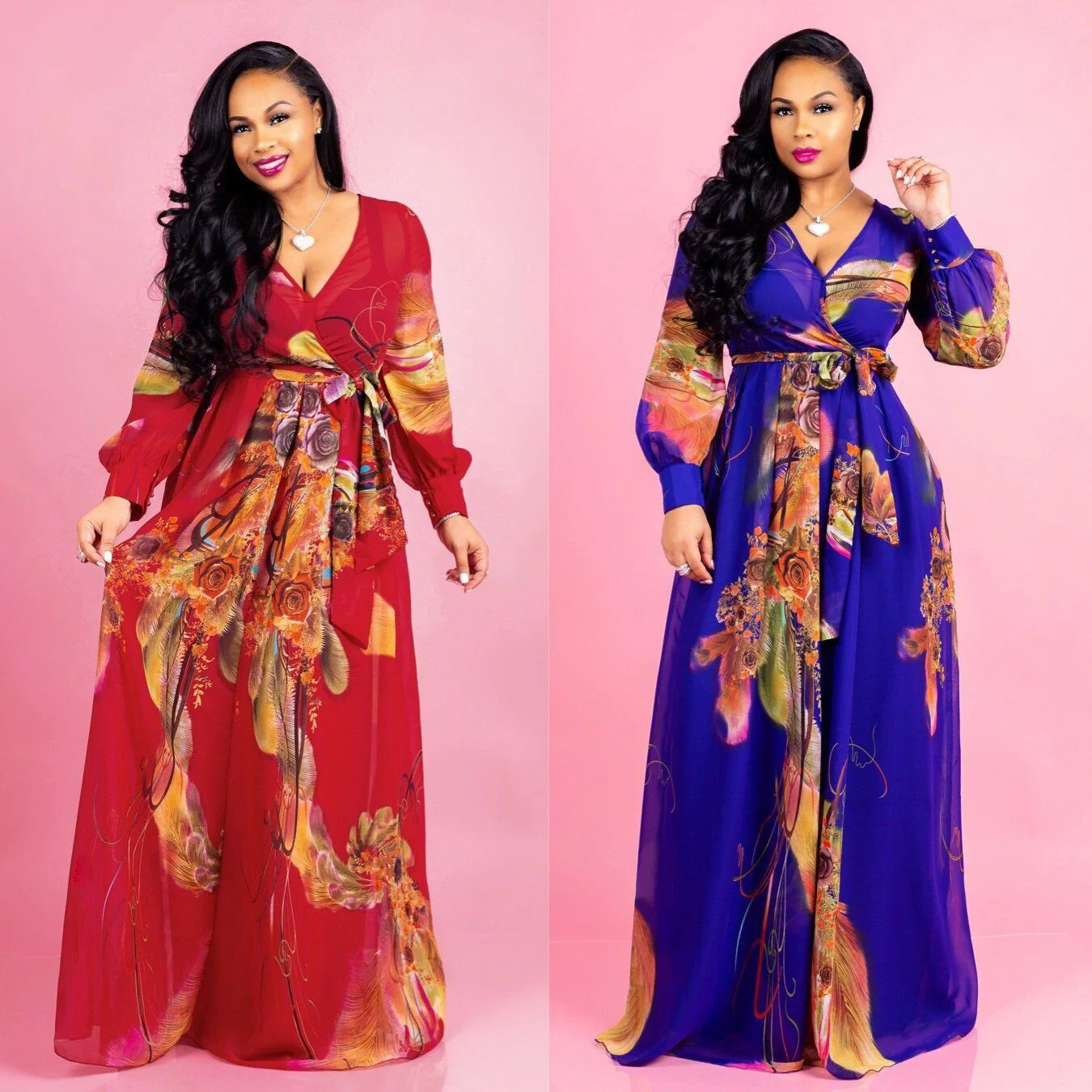 

Fashion casual plus size long sleeve dress women's digital printing V-neck chiffon maxi floral dresses