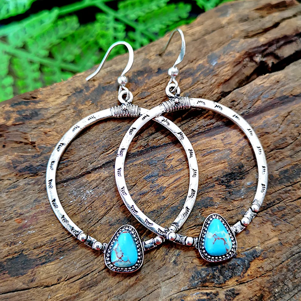 

CAOSHI Metal Silver Hollow Big Circle Drop Earrings Vintage Pendientes Inlaid Blue Stone Women Bohemian Earrings