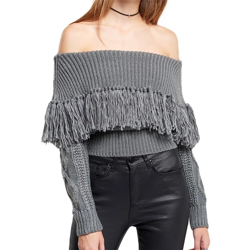 

Autumn and Winter One-shoulder Fringe Strapless Sexy Women's Long-sleeved Sweater Outside