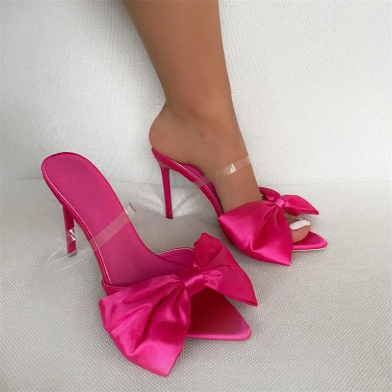 

Sexy Fashion Silk Butterfly-Knot Patchwork PVC Shallow NEW 2021 Summer Head Peep Toe Stiletto High Heels Sandalias