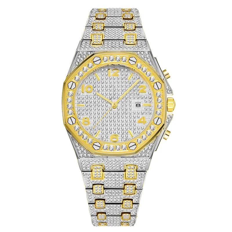 

V296 MISSFOX Silver And Gold Watch Mens Calendar With Full Diamond Watches Top Brand Luxury Analog Water Resistant Man Watch