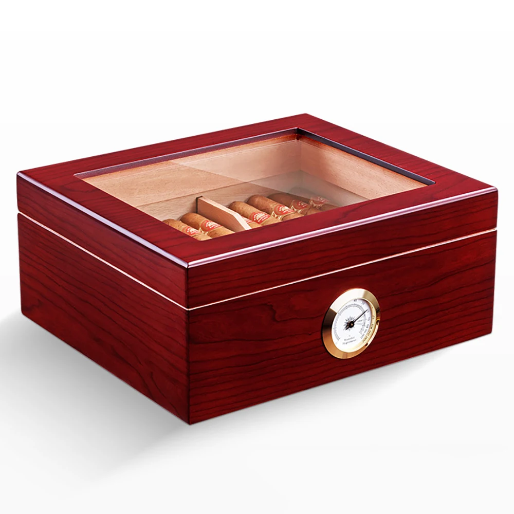 

High-end High Quality Lacquer Wooden Spanish Cedar Rectangle Packaging Protection Luxury Box Customized Cigar Humidor, Red brown