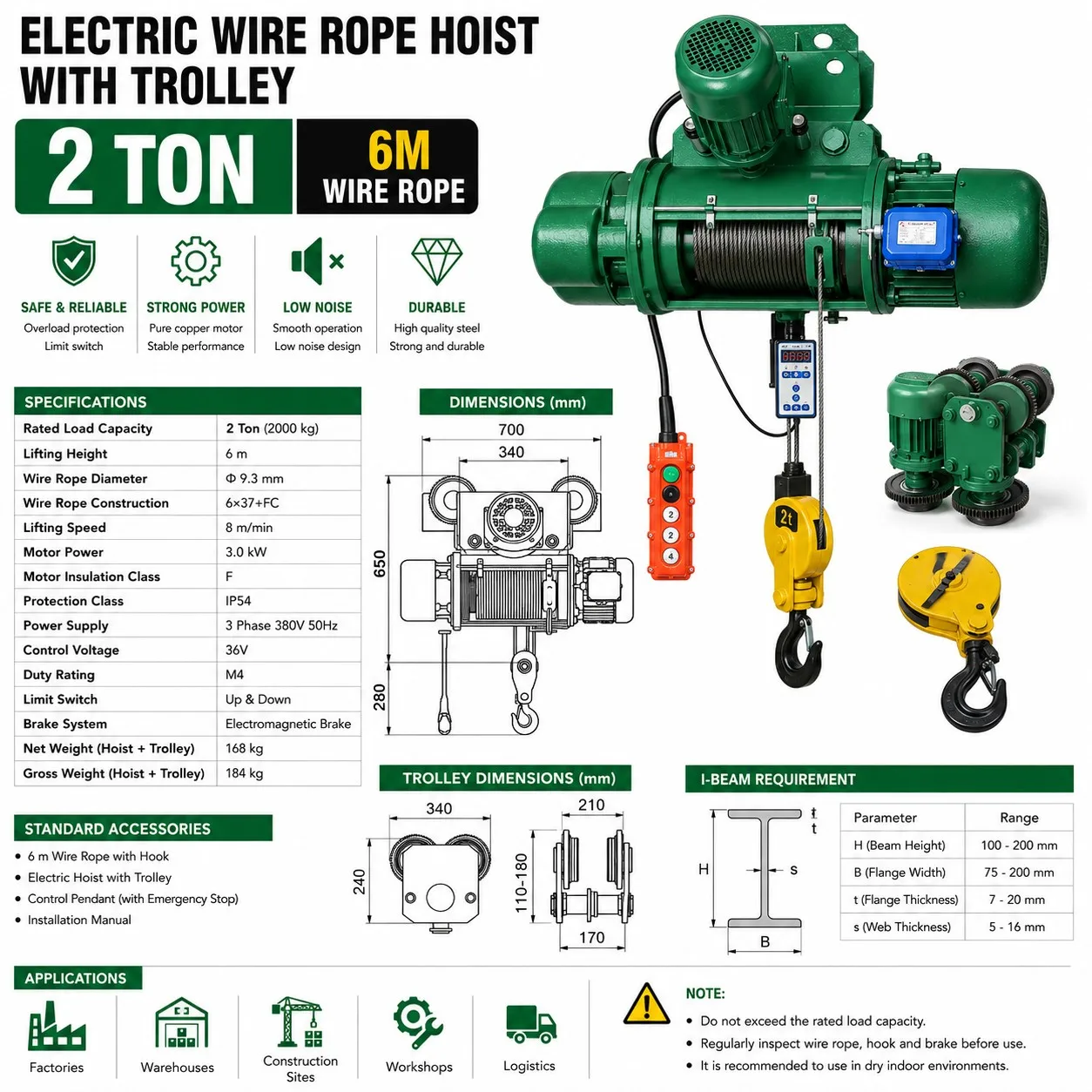 CD 2 ton wire rope electric hoist specification sheet