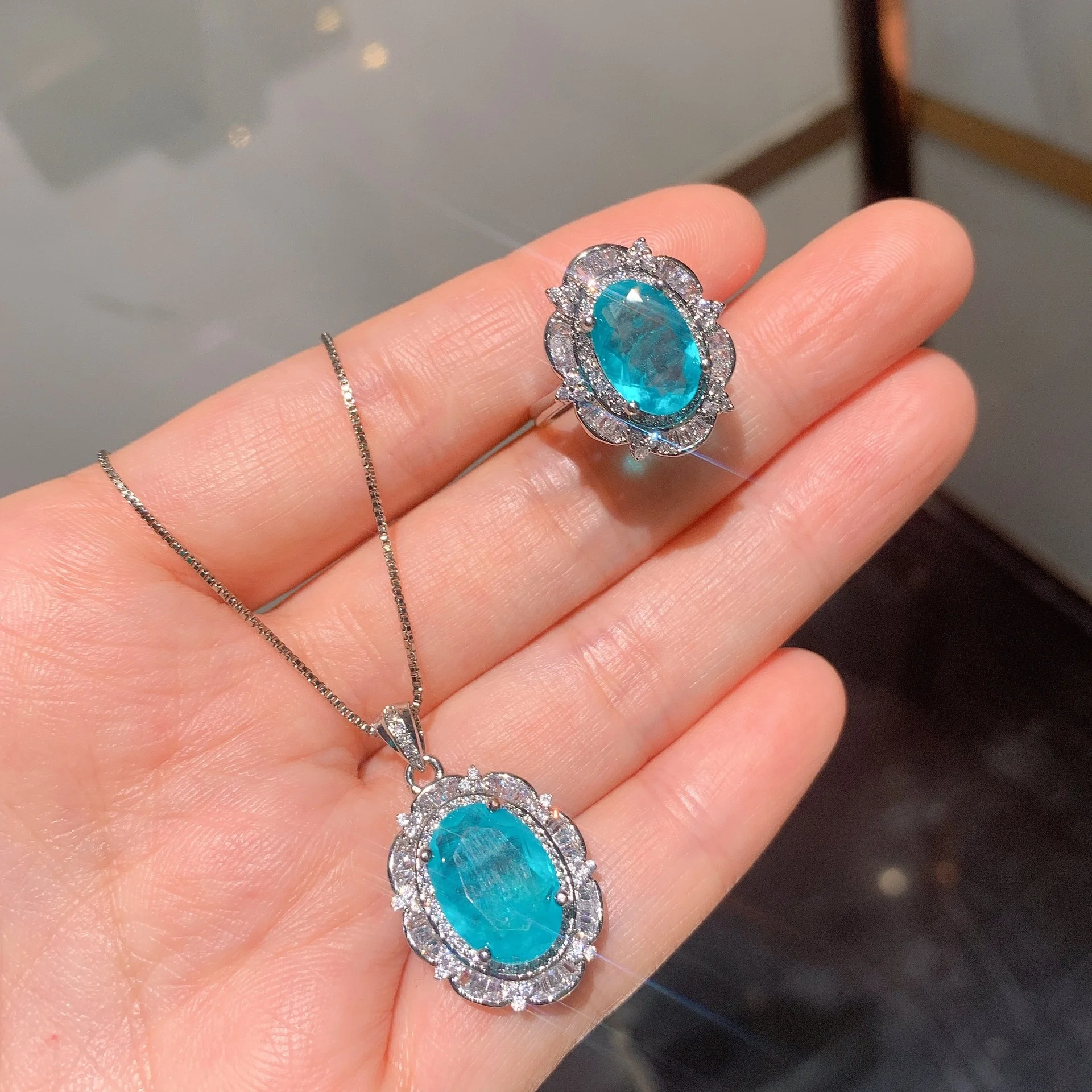 

Luxury Jewelry Sets for Women Charms Oval Tourmaline Gemstone Lab Diamond Pendant Necklace Ring Wedding Jewelry, Customized color