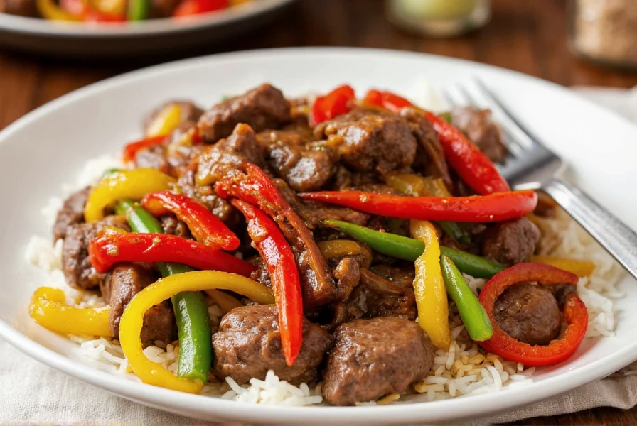 Finished pepper steak served over steamed rice with colorful bell peppers and tender beef in glossy sauce