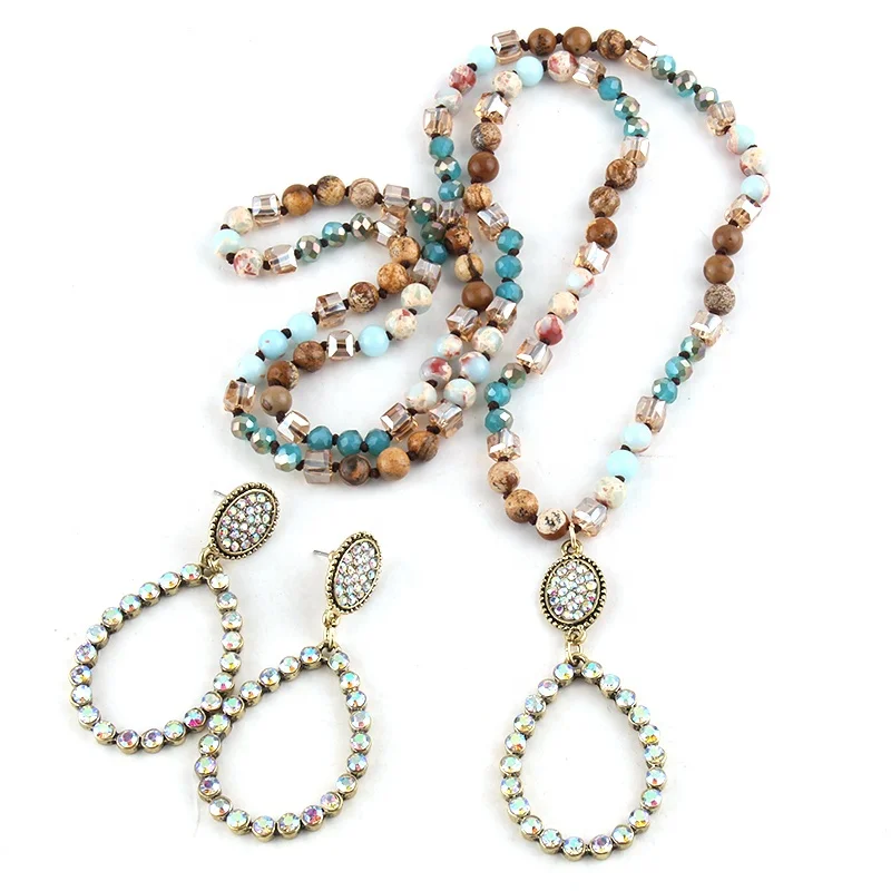 

Women Gift Fashion Boho Jewelry Set Natural Stone Crystal Glass Long Knotted Rhinestone Drop Pendant Necklace Earring Set