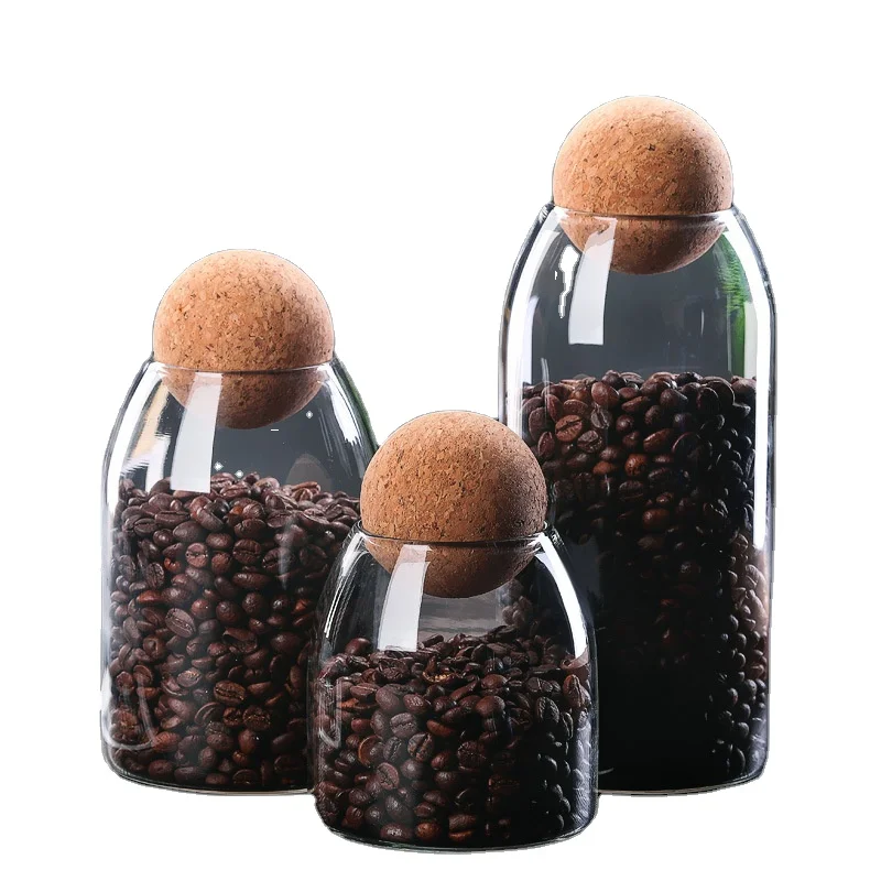 

550/750/1200ml Transparent Borosilicate coffee Tank food Can set with Wood Cork Ball Stopper Lid Glass storage bottles jars