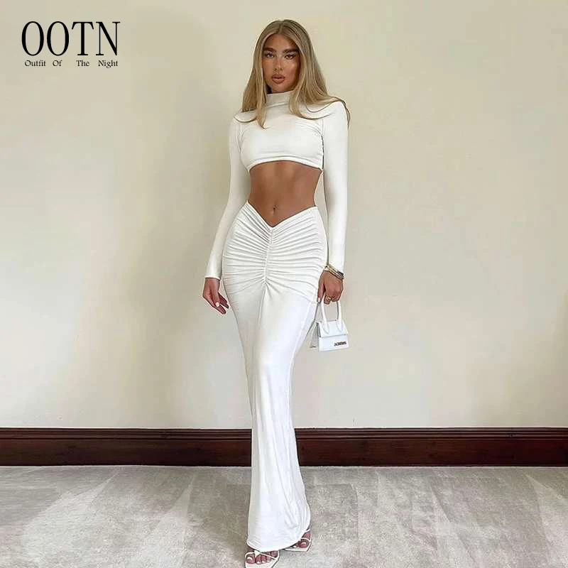 

OOTN Long Ruched Matching Sets Outfits for Women Club Party Top and Dress Sets Elegant White Long Sleeve 2 Piece Set