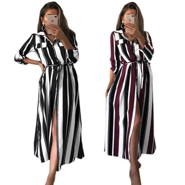 

Women Autumn Long Shirt Dress Long Sleeve Stripe Maxi Dress Wide Striped Print Long Blouse Dress