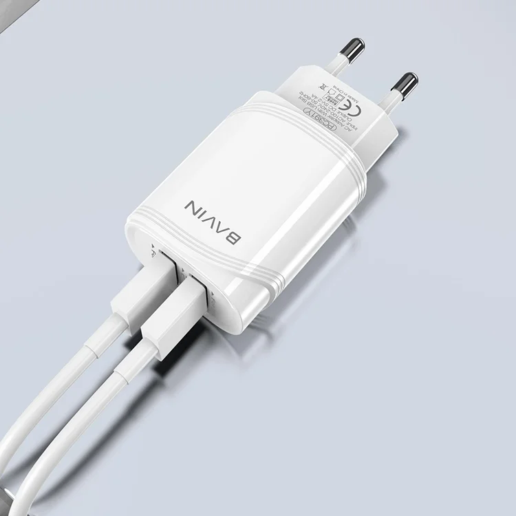 

2020 New Arrival stream line design Bavin 5V 2.4A with dual USB micro ios port charging wall charger for samsung, White